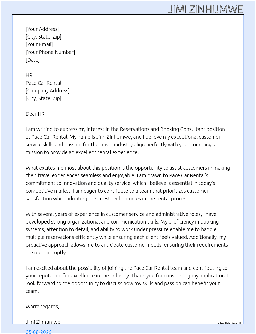 Reservations and booking consultant At Pace car rental  Cover Letter