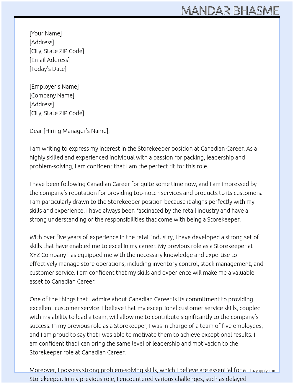 Storekeeper  At Canadian career  Cover Letter