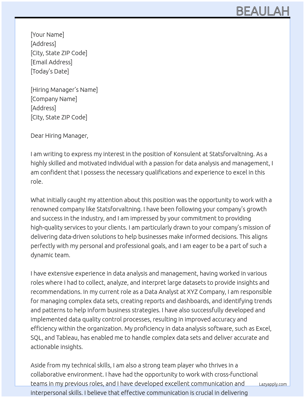konsulent At statsforvaltning Cover Letter
