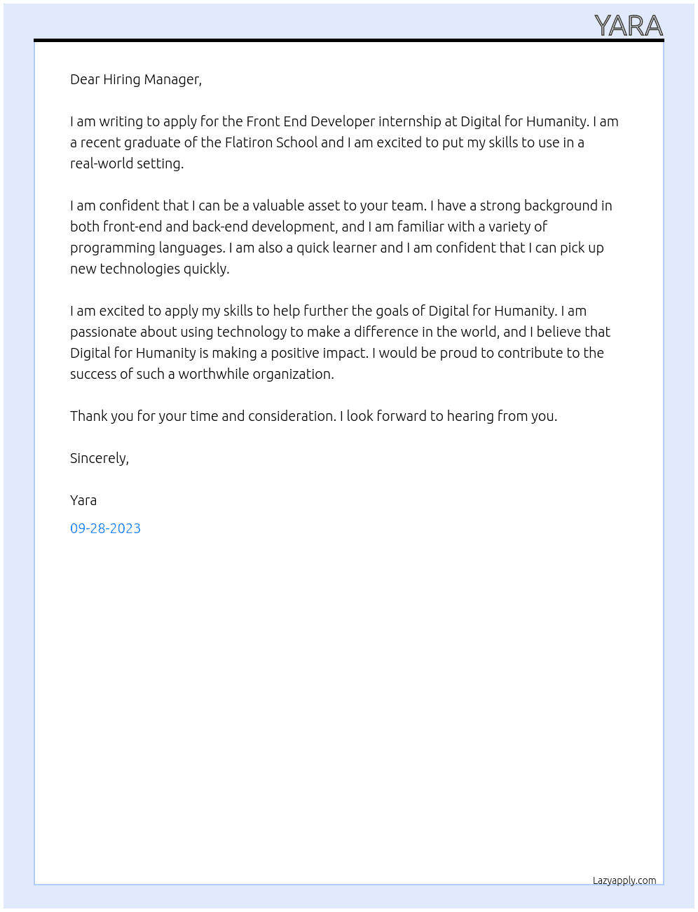 Front End Developer internship  At Digital for Humanity Cover Letter
