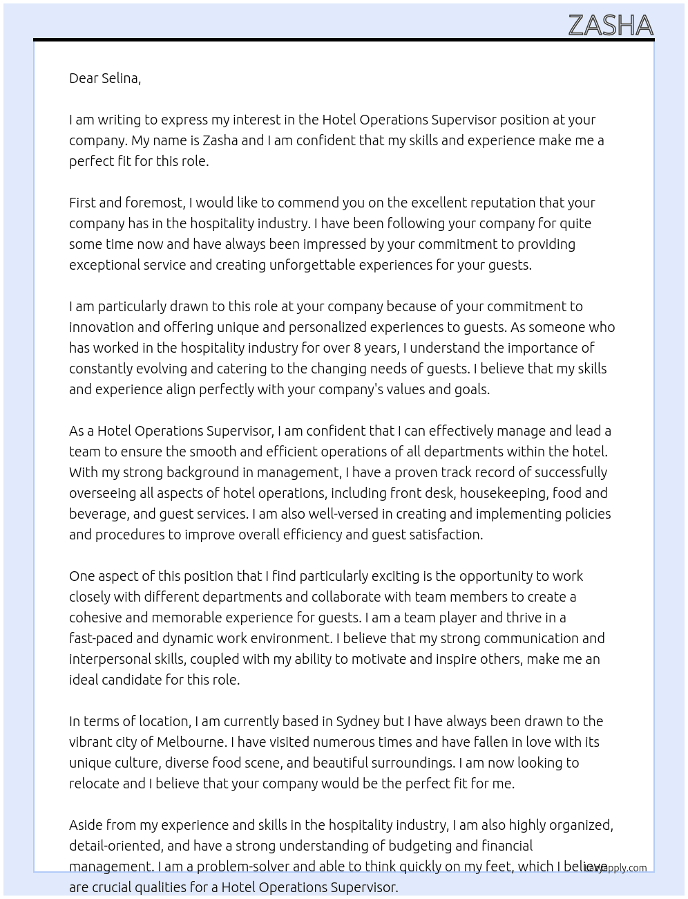Hotel operations supervisor At Selina Cover Letter