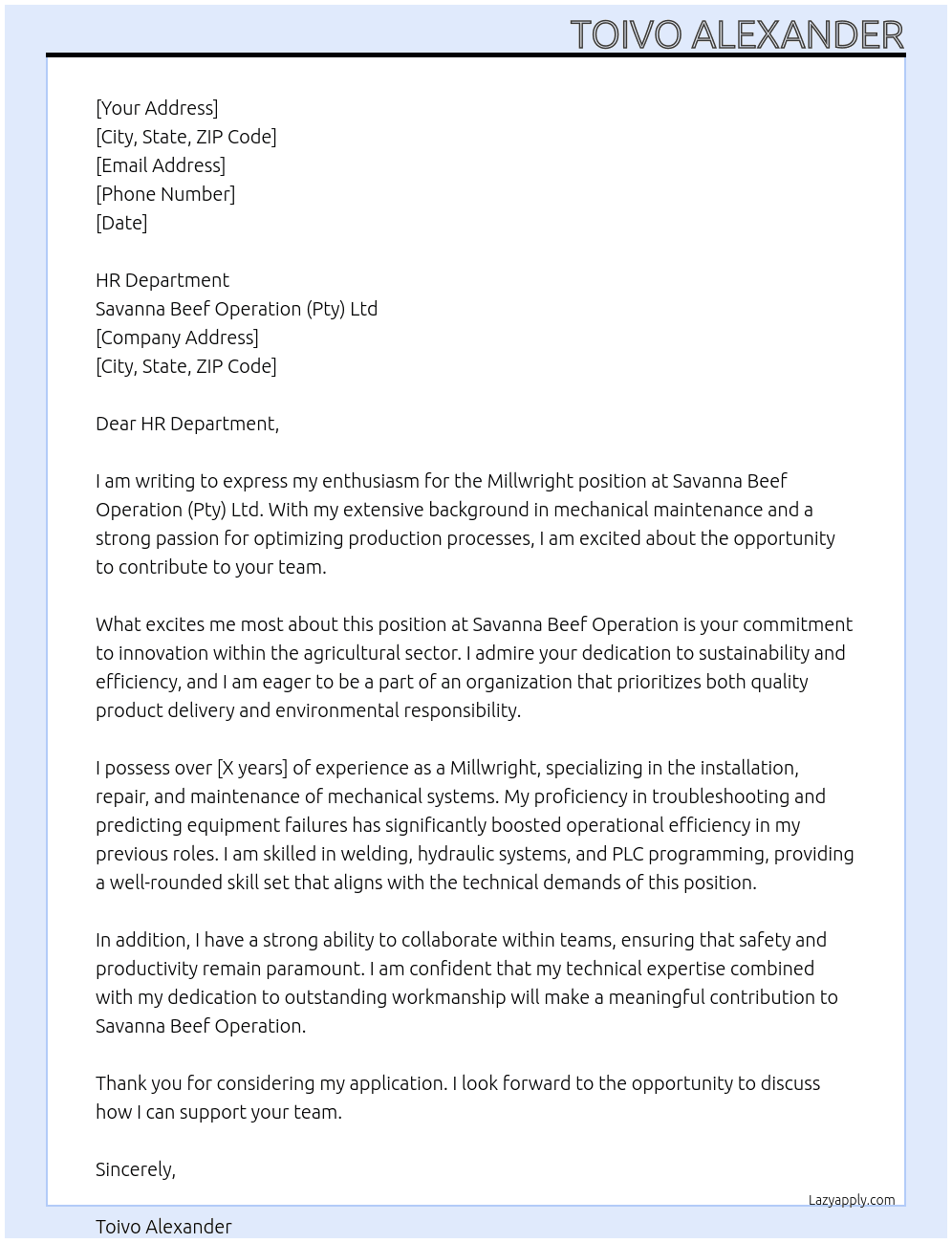 Cover letter for millwright - LazyApply
