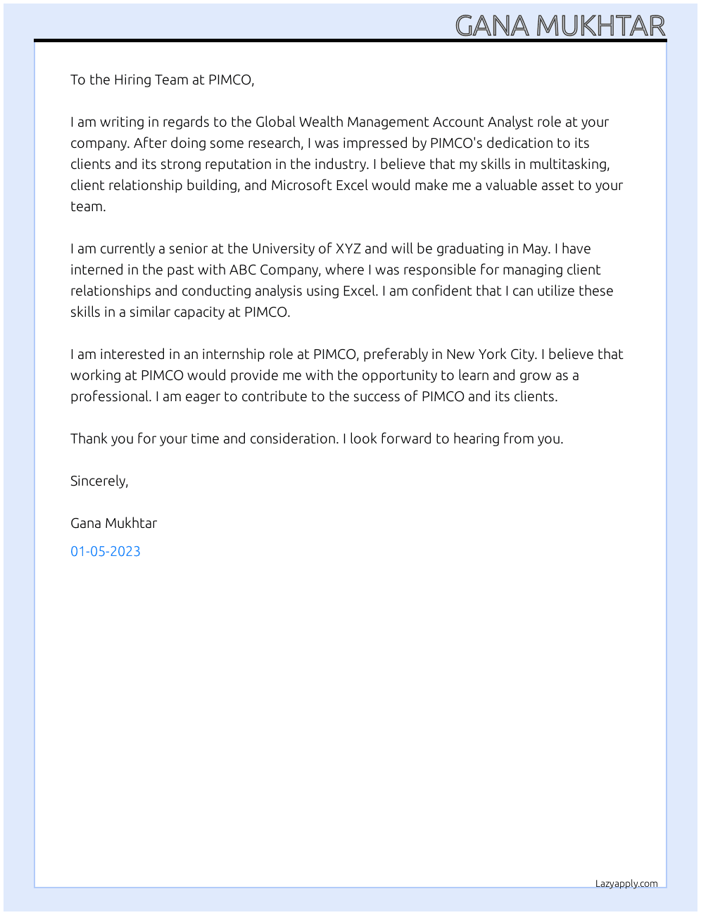 Cover letter for global wealth management account analyst - LazyApply