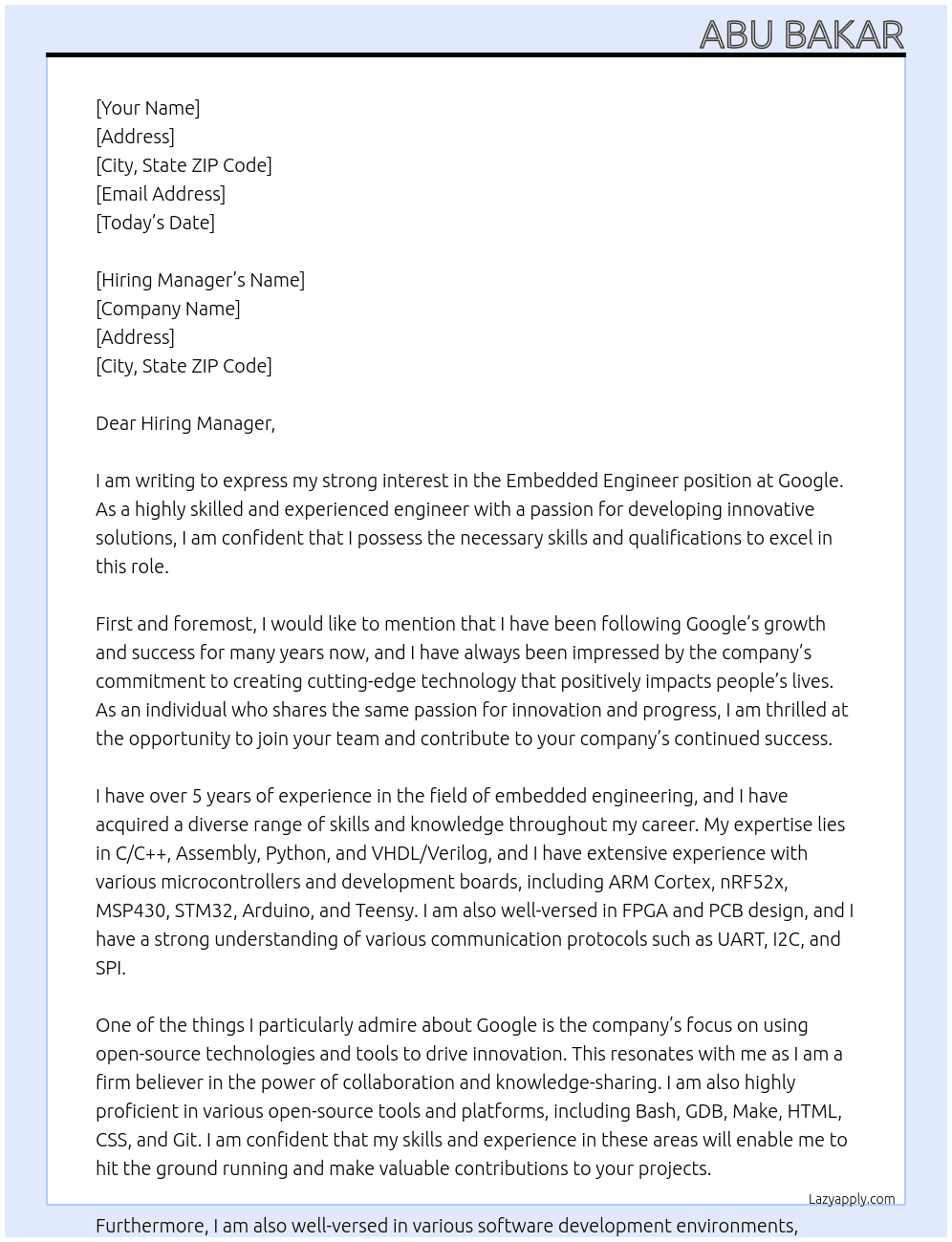 Embedded Engineer At Google Cover Letter