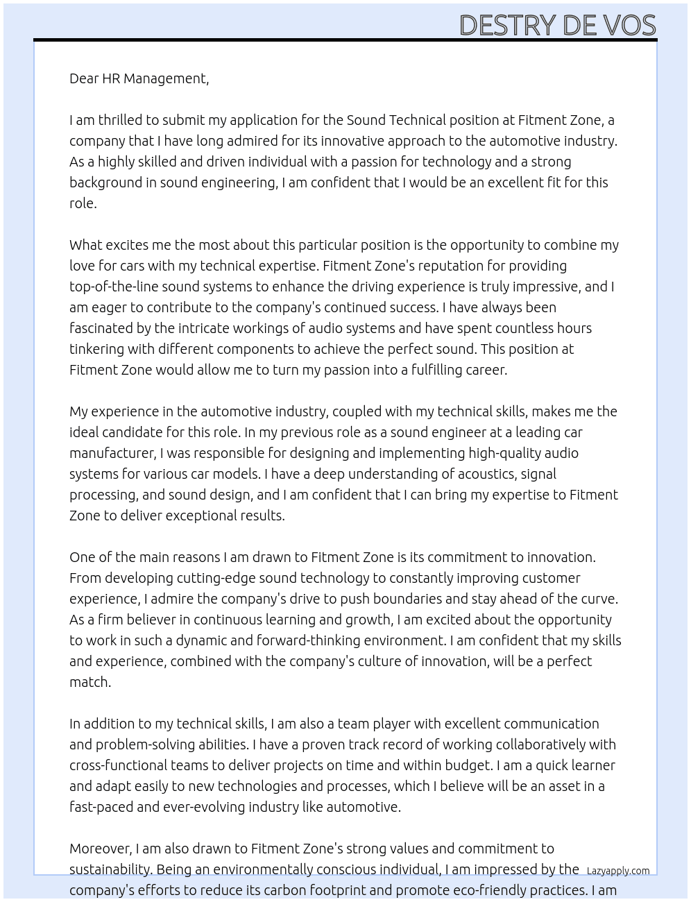 Sound technical  At Fitment Zone Cover Letter