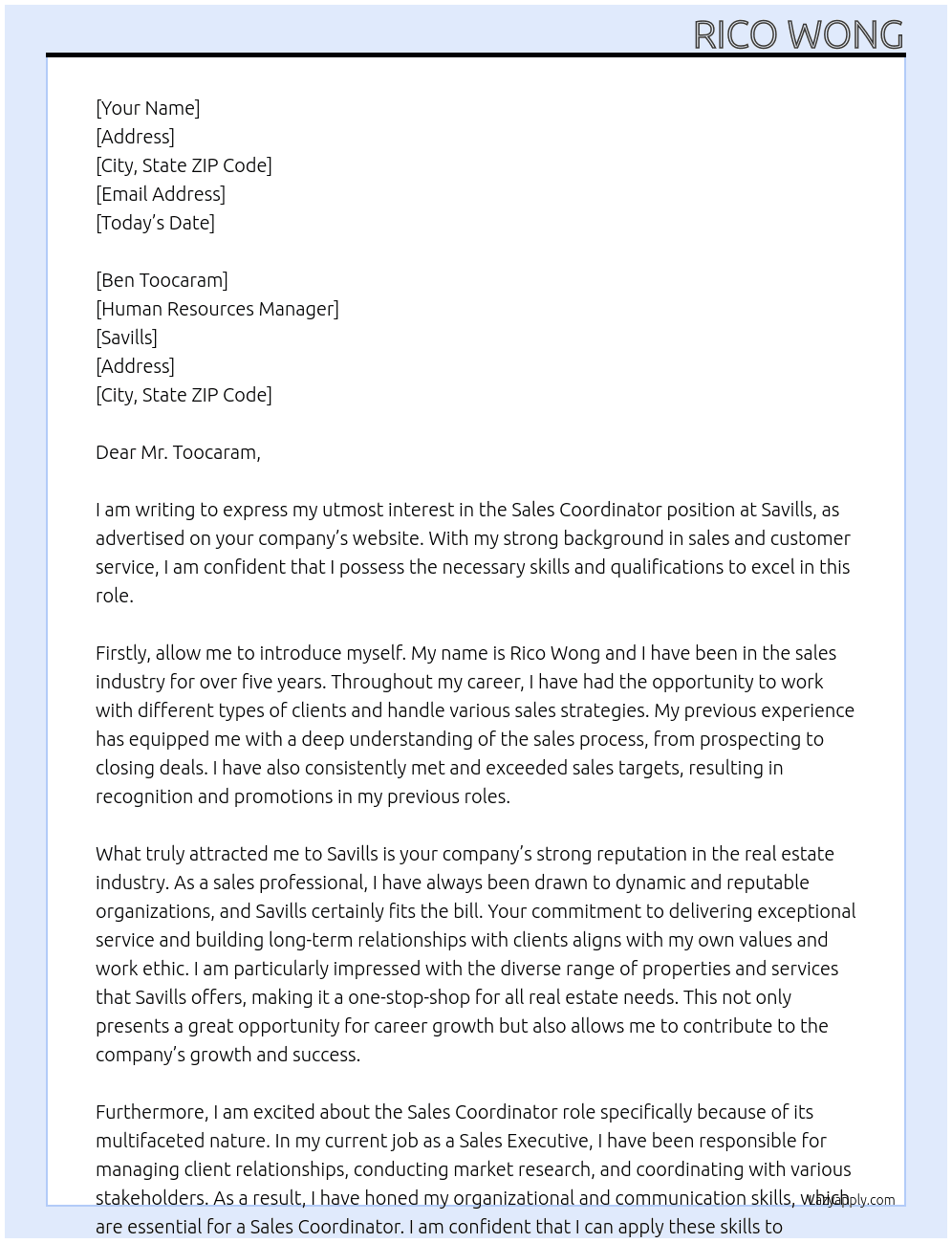 Sales Coordinator At Savills Cover Letter