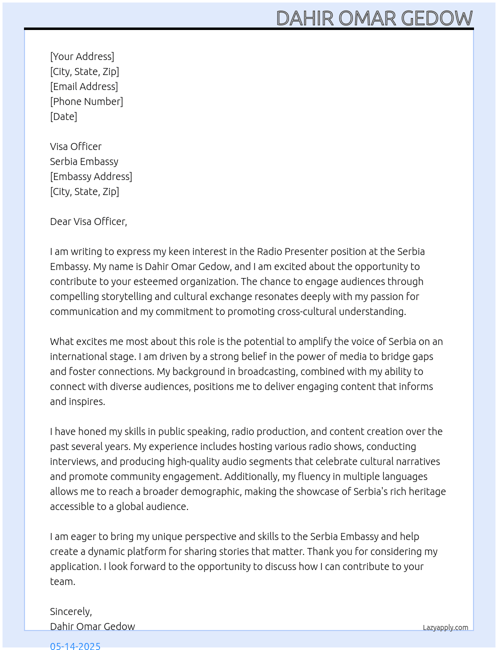 Radio Presenter At Serbia embassy Cover Letter
