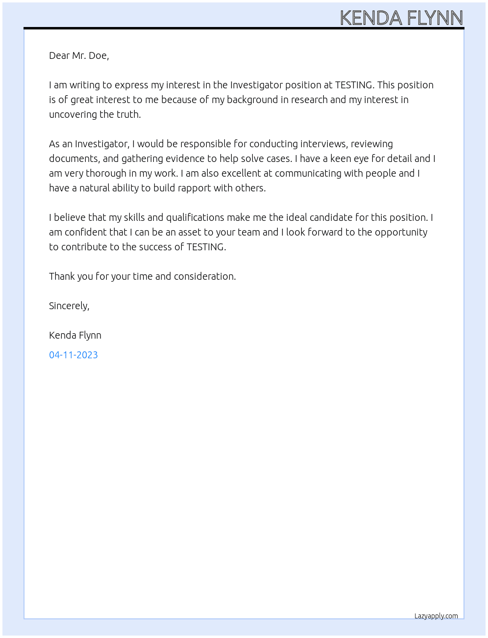 Investigator  At TESTING Cover Letter