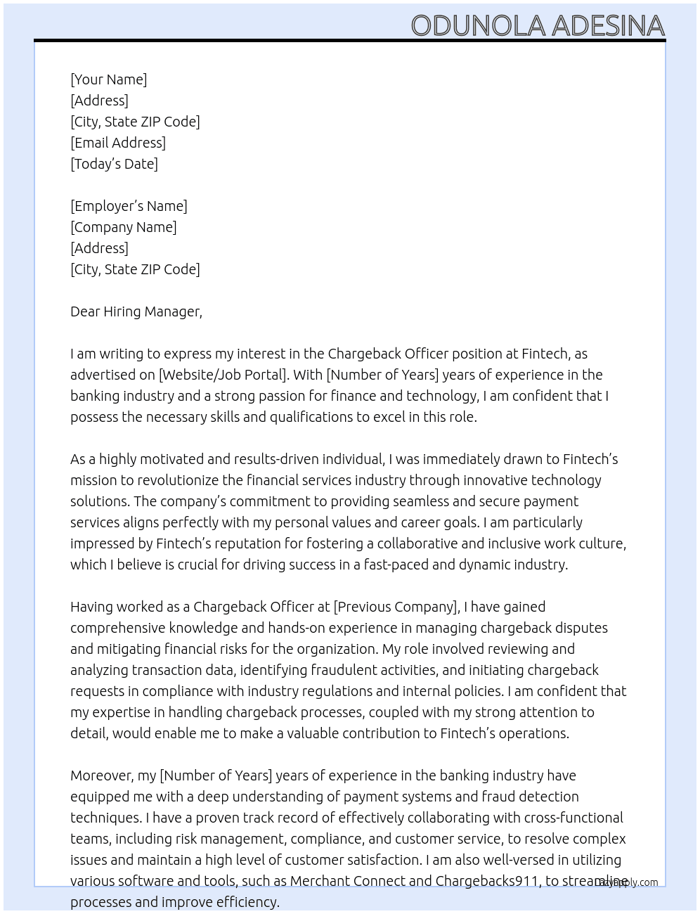Chargeback officer  At Fintech  Cover Letter