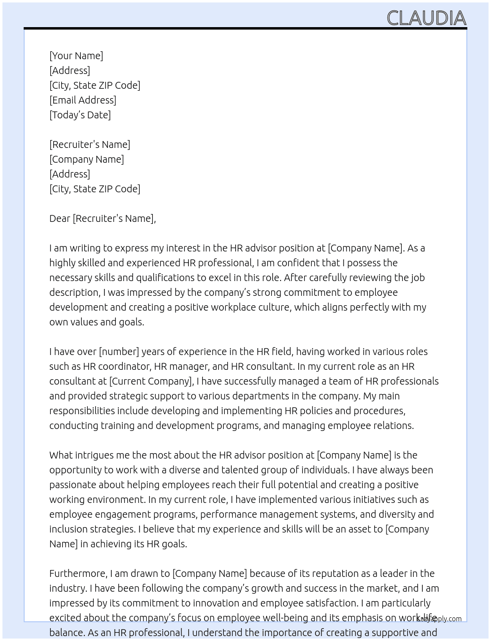 HR advisor At No company Cover Letter