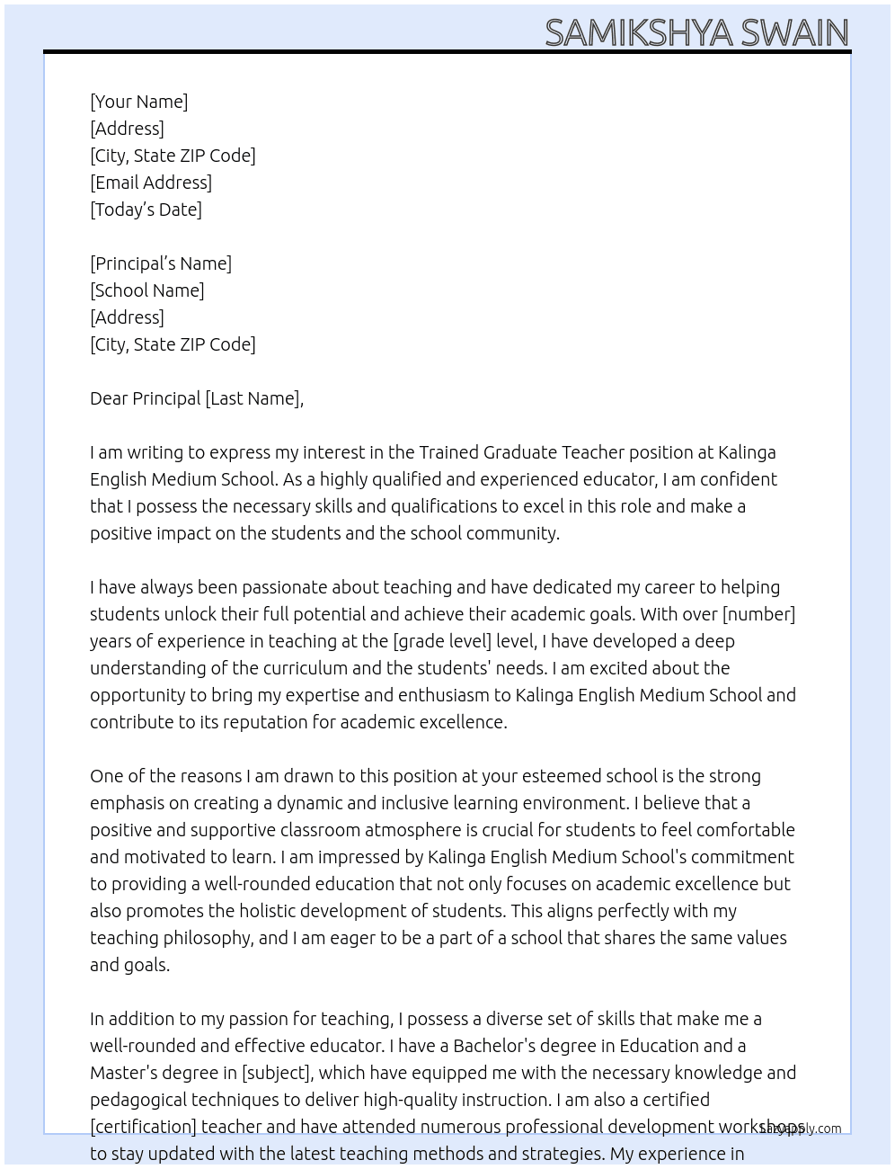 Trained Graduate Teacher At Kalinga English Medium School Cover Letter