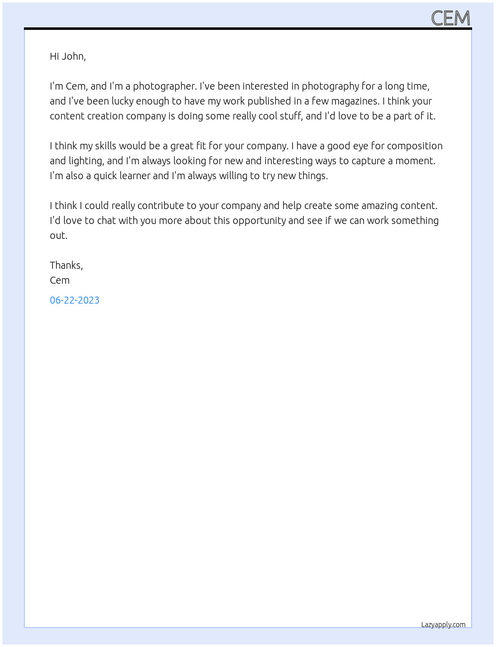 Photographer At content creation company Cover Letter