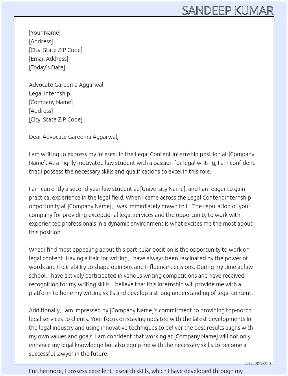 Internship for Legal Content At Legal Internship Cover Letter