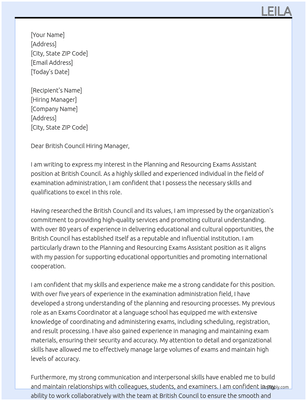 planning and resourcing exams assistan At british counsil Cover Letter