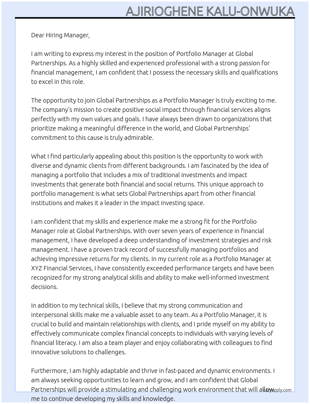 portfolio manager At Global Patnerships Cover Letter