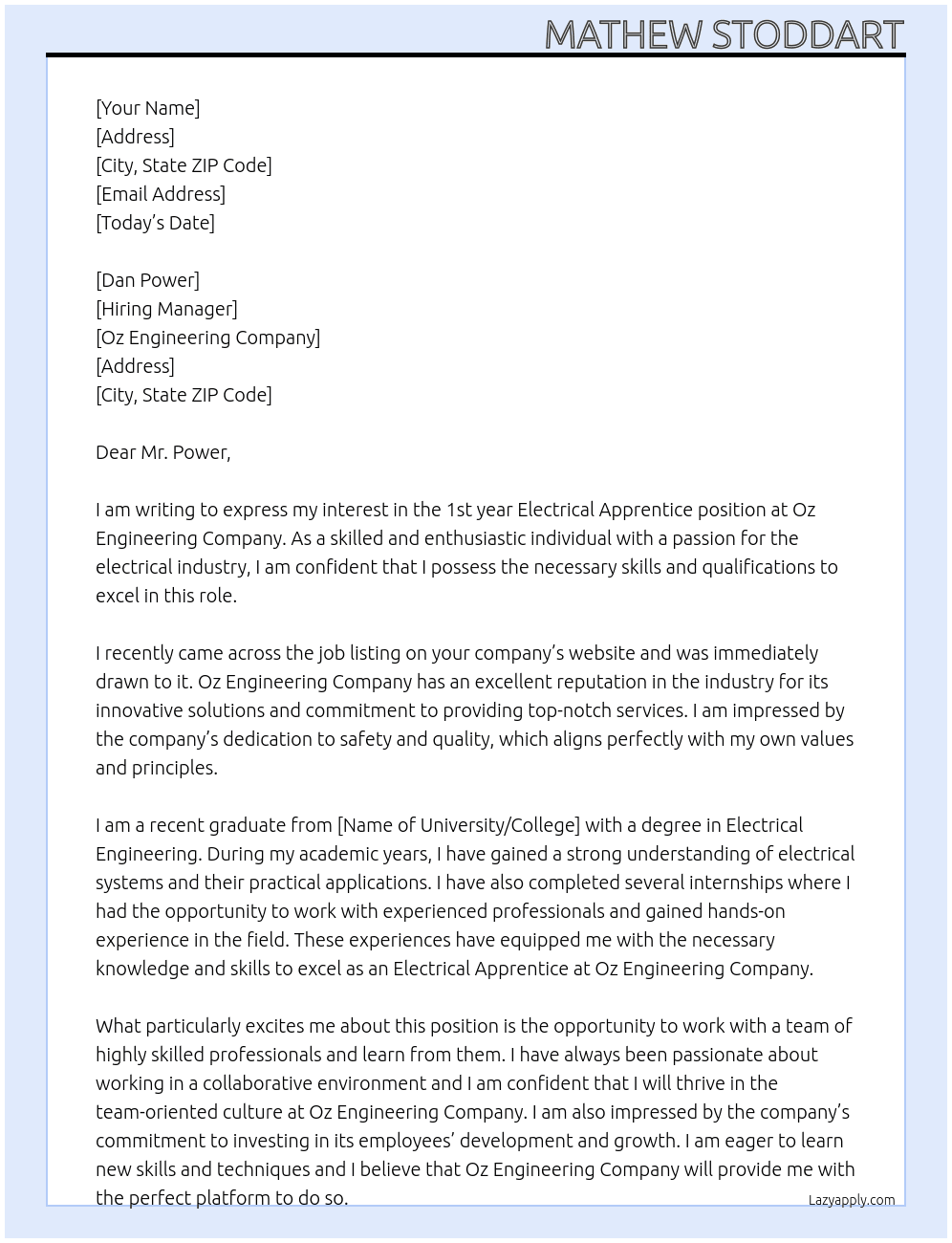 1st year Electrical Apprentice At Oz Engineering Company   Cover Letter
