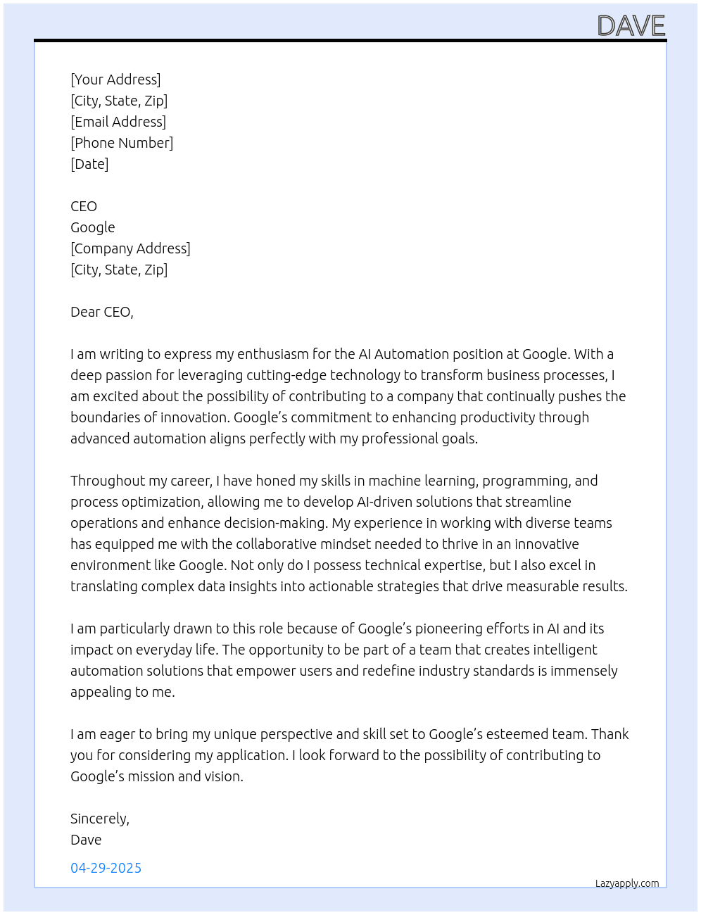 Cover letter for ai automation - LazyApply