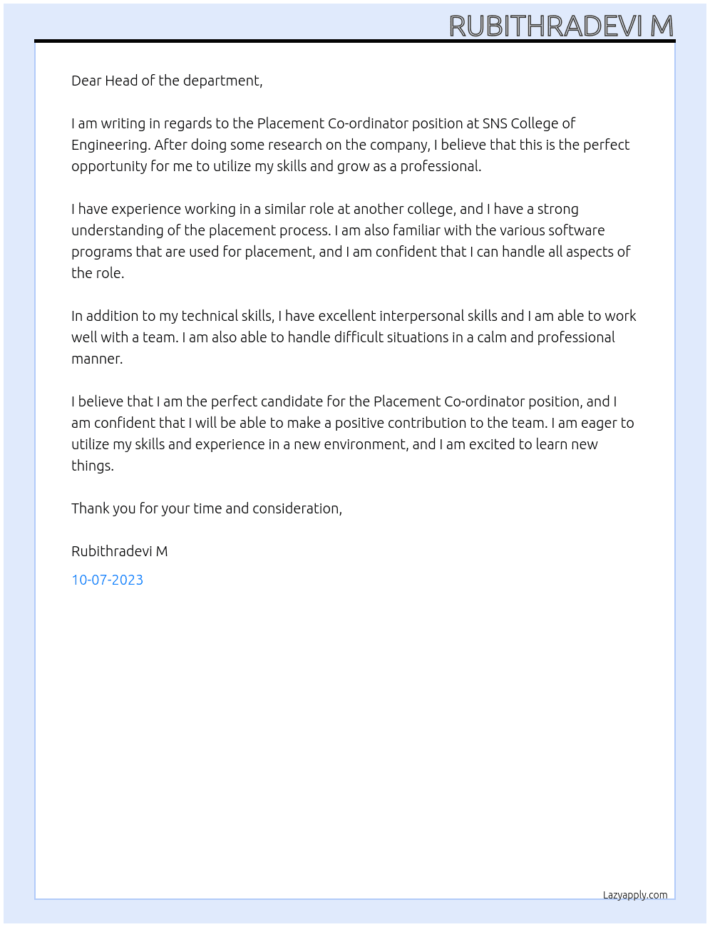 Placement Co-ordinator At SNS College Of Engineering Cover Letter