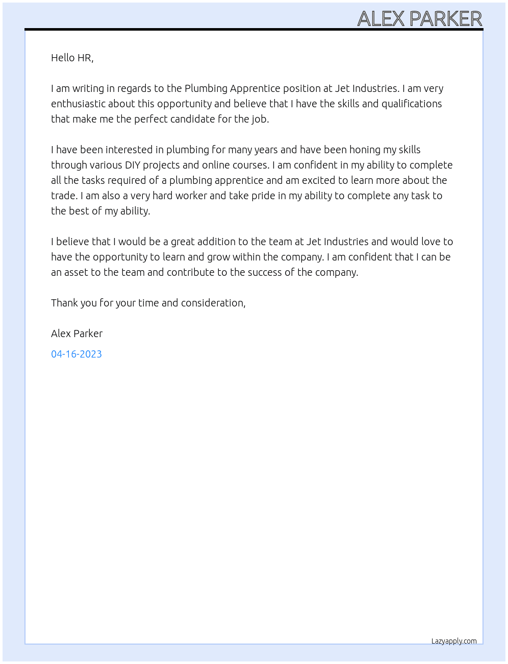 Plumbing Apprentice At Jet Industries Cover Letter