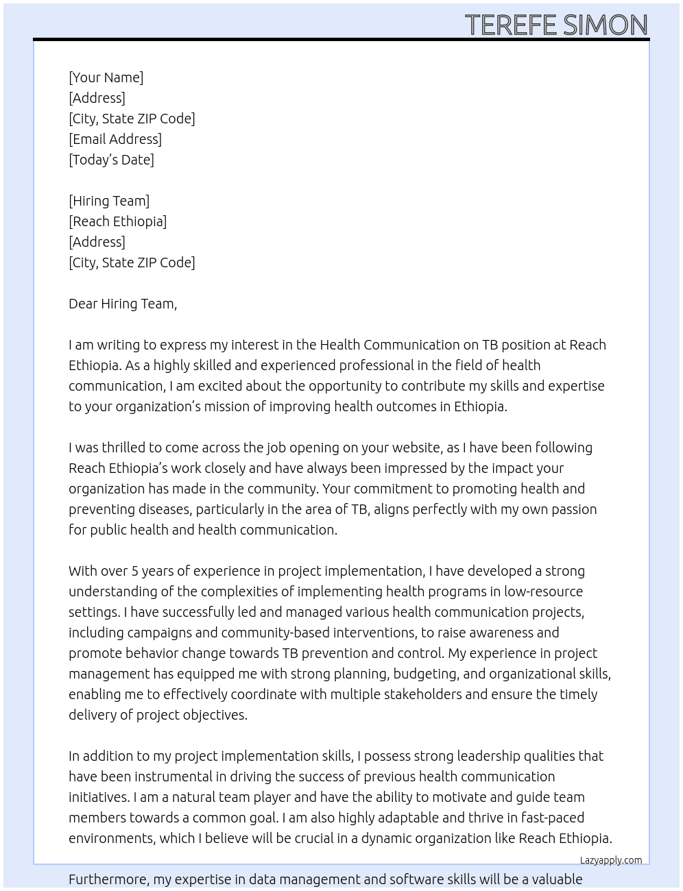Health communication on TB  At Reach Ethiopia  Cover Letter