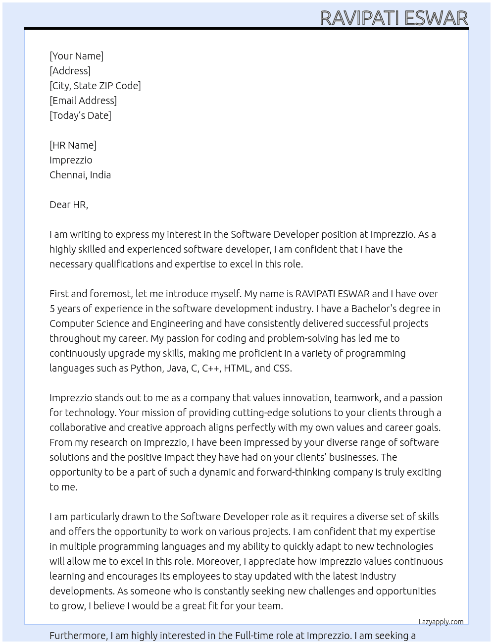 Software developer  At Imprezzio Cover Letter
