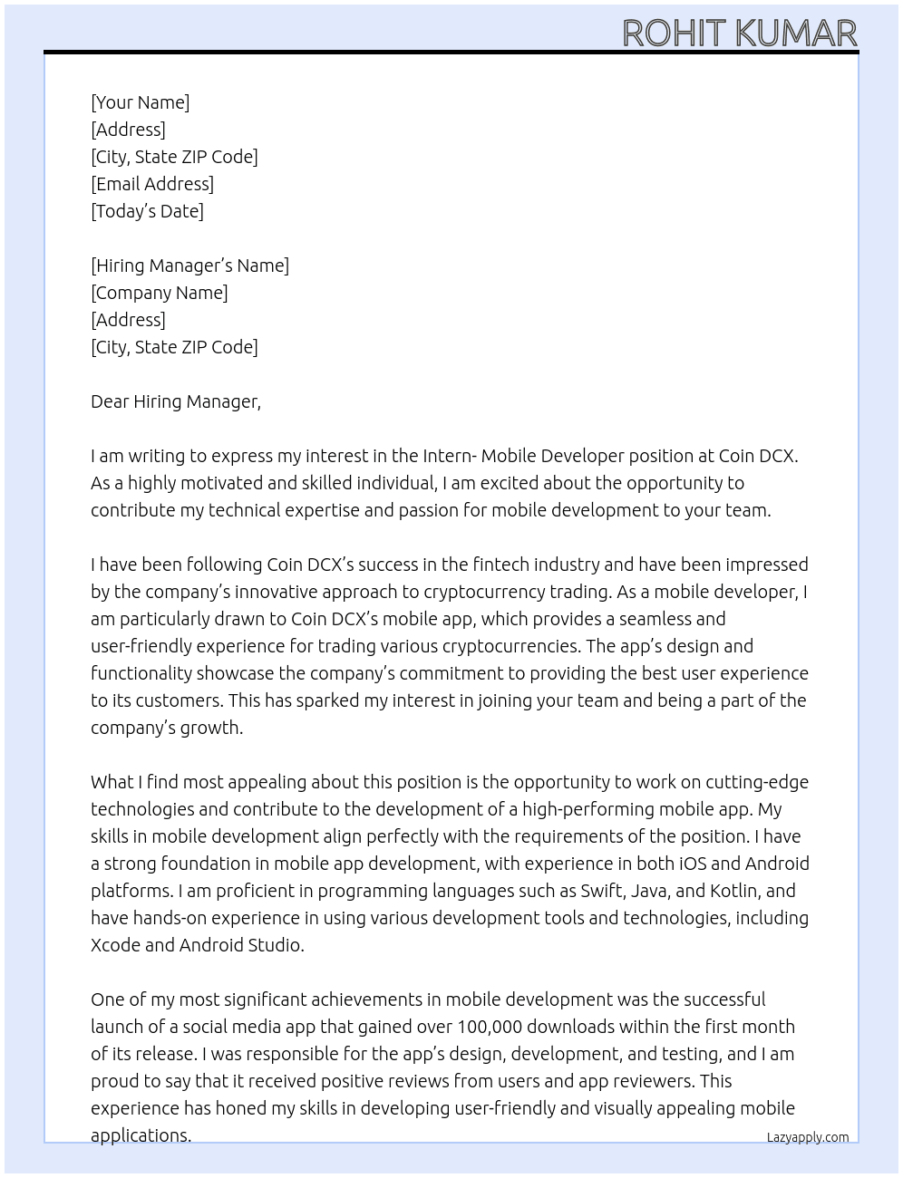 Intern- Mobile Developer   At Coin DCX Cover Letter