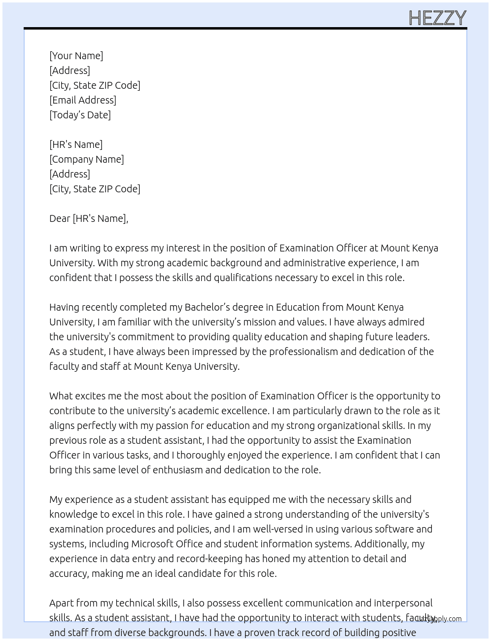 Examination officer At MOUNT KENYA UNIVERSITY Cover Letter