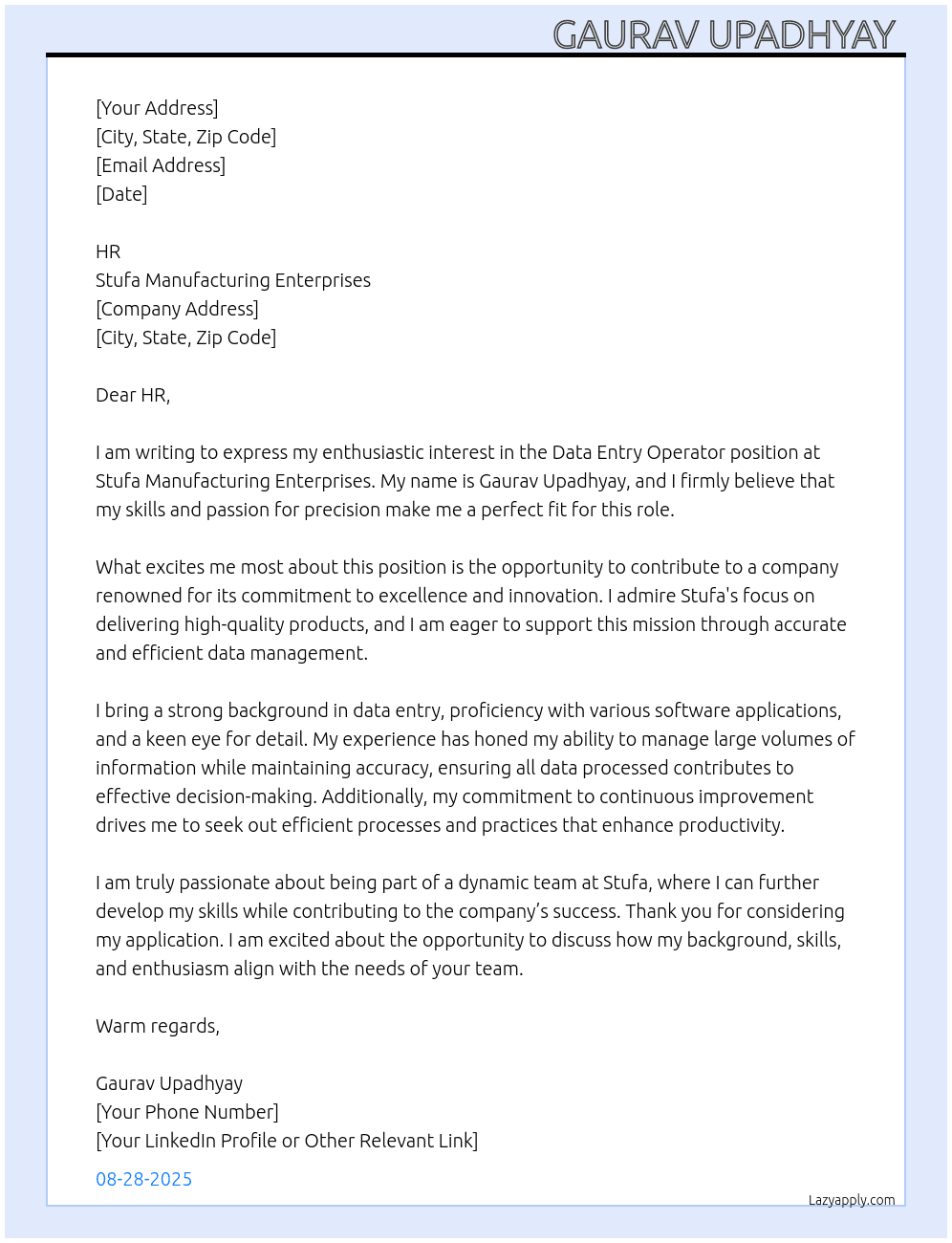DEO(DATA ENTRY OPERATOR) At STUFA MANUFACTURING ENTERPRISES  Cover Letter