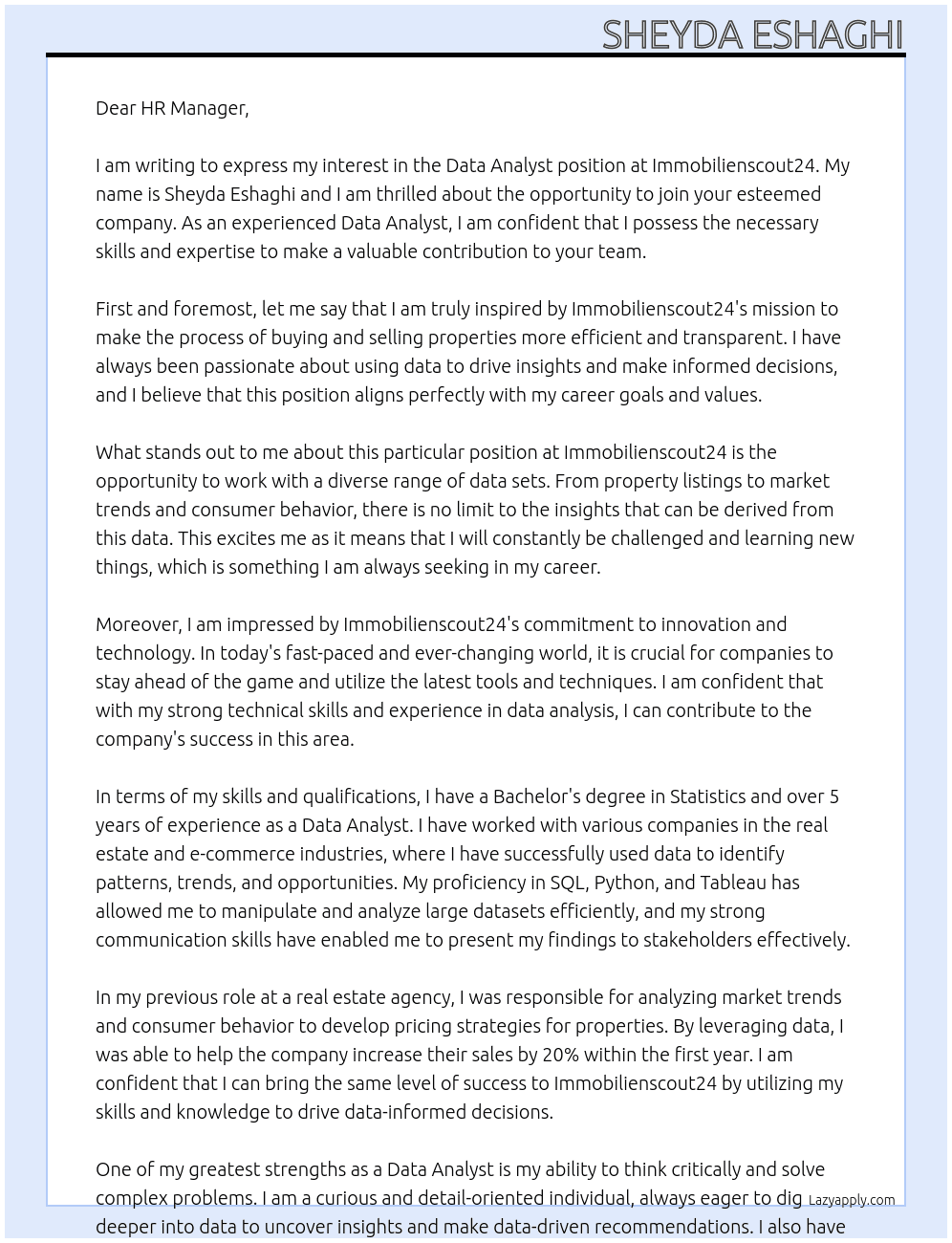 data analyst At immobilienscout24 Cover Letter
