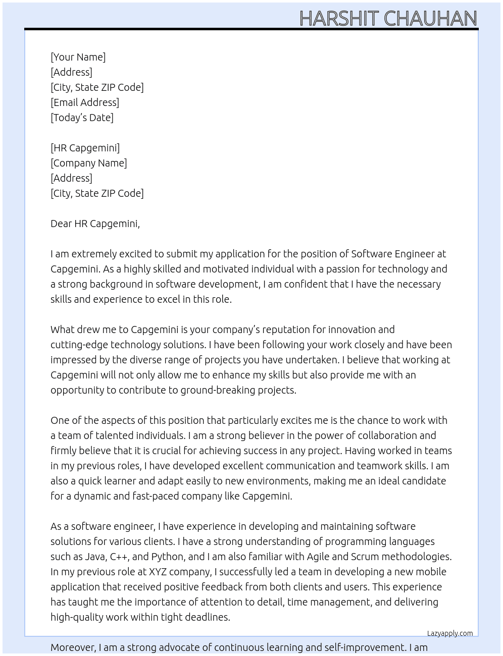 sofware engineer  At capgimini Cover Letter