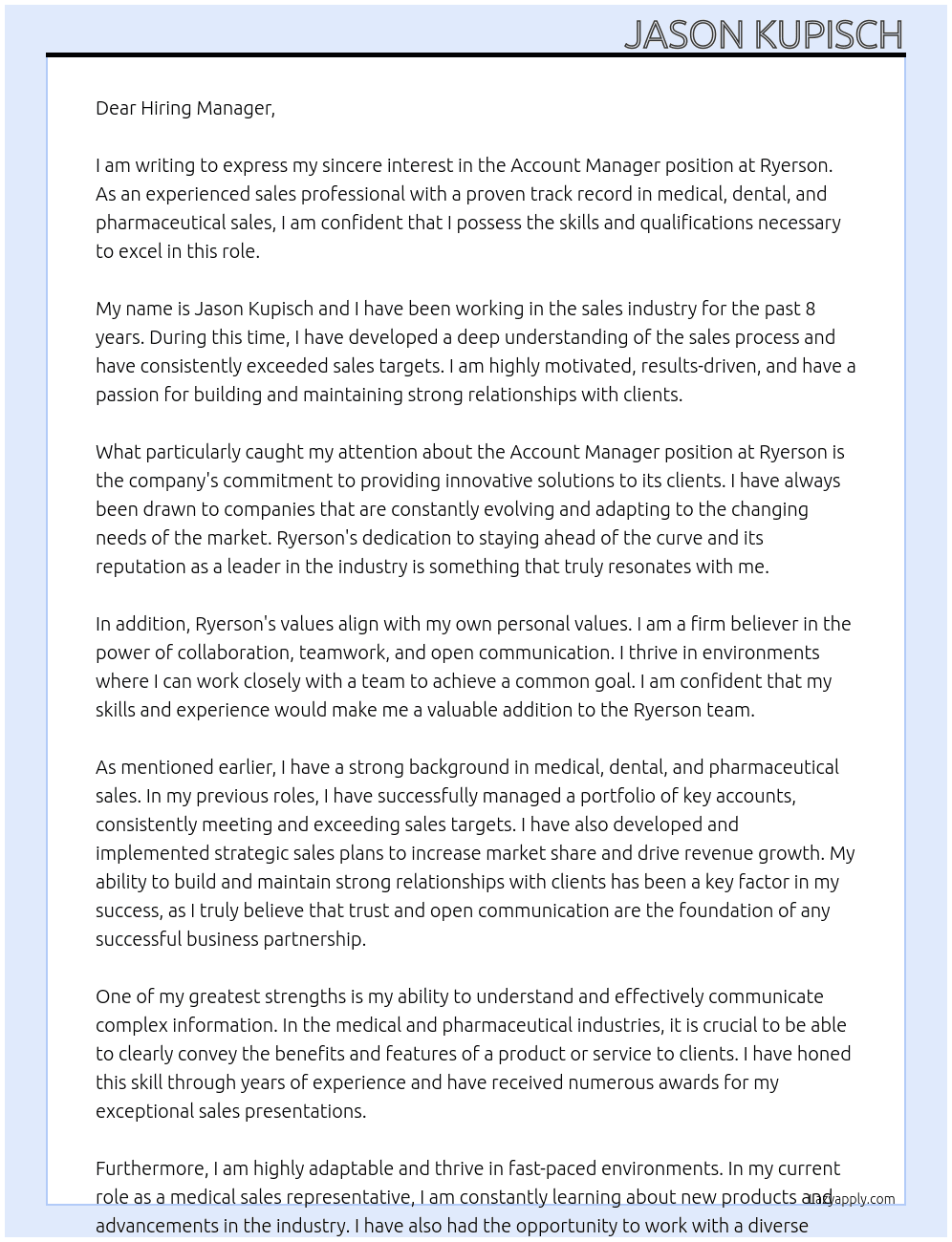 account manager At Ryerson Cover Letter