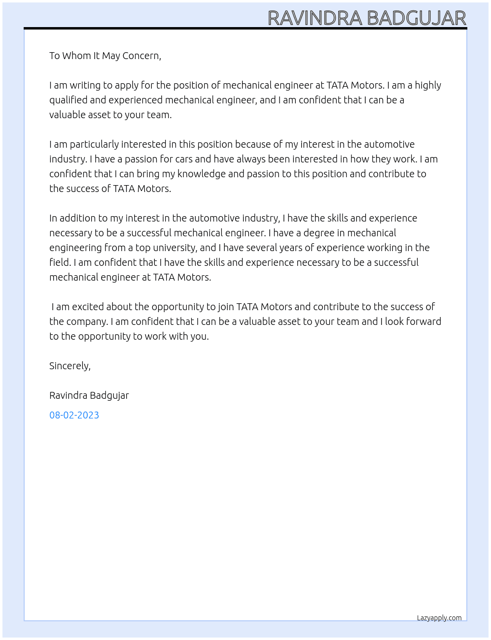 mechanical engnier At TATA Motor Cover Letter