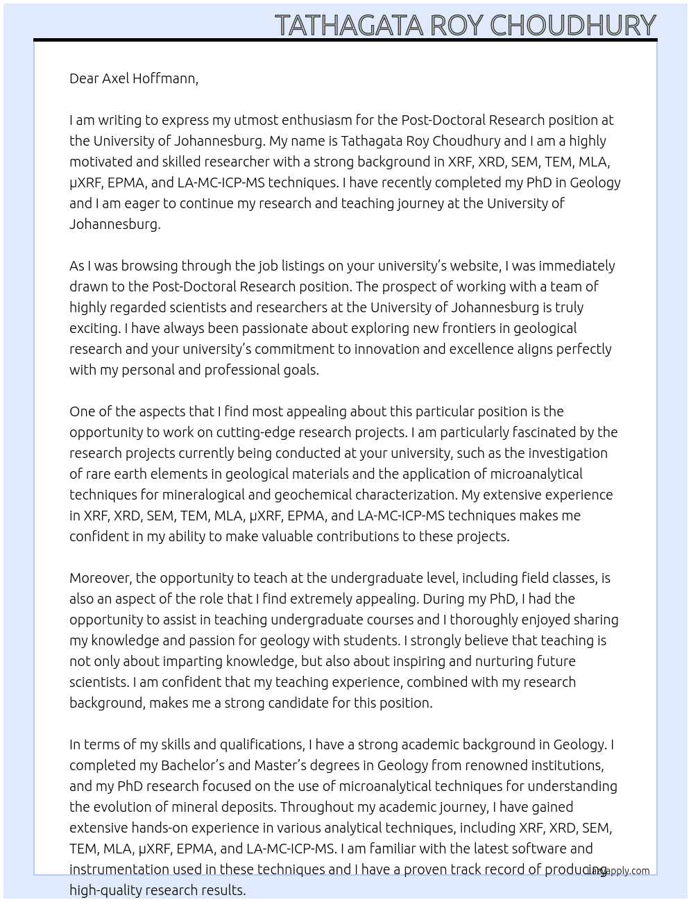 Cover letter for postdoctoral research - LazyApply