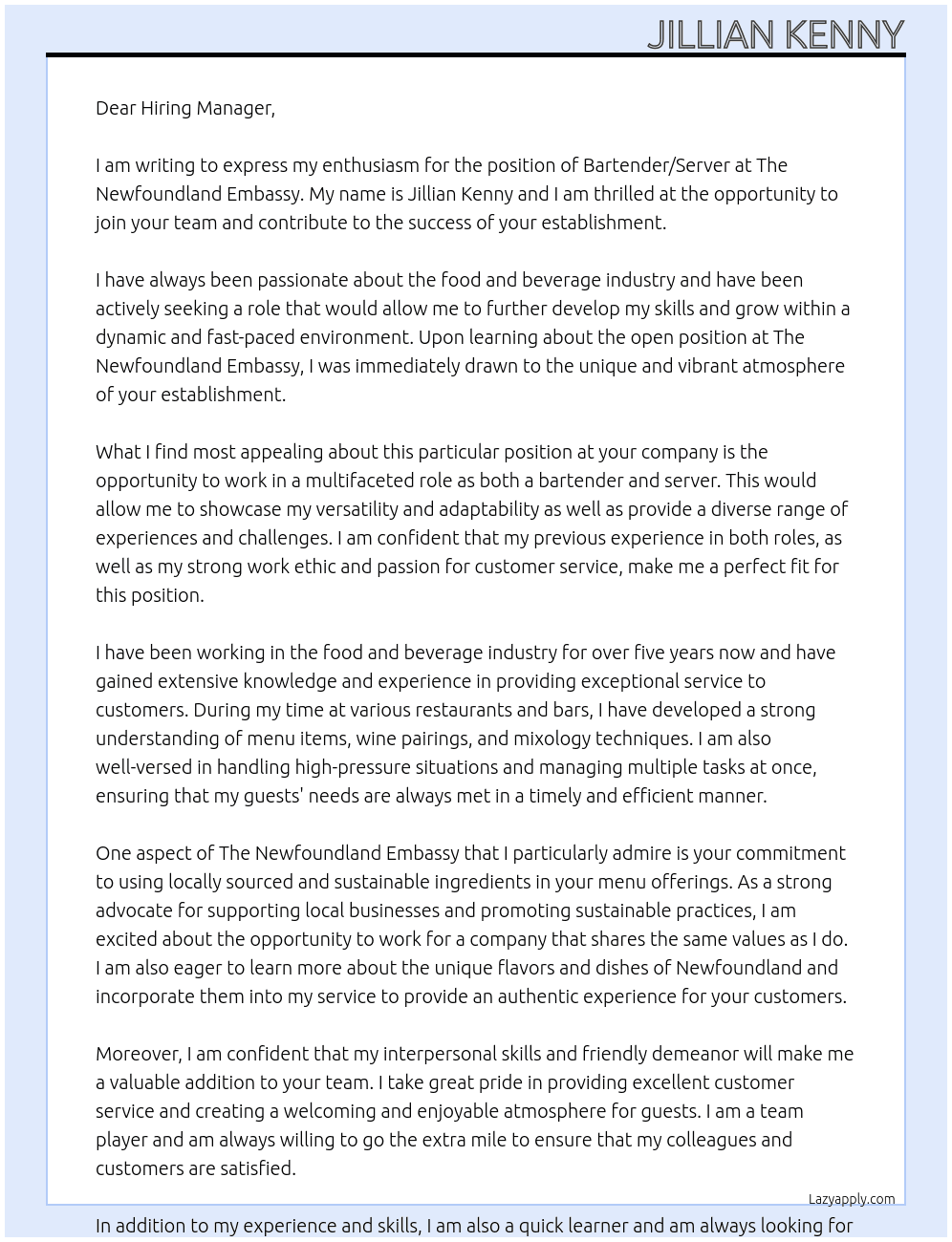 Bartender/Server At The Newfoundland Embassy Cover Letter