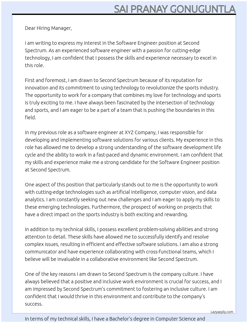 Software Engineer At Second Spectrum Cover Letter