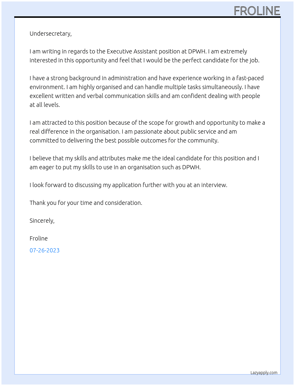 Executive Assistant At DPWH Cover Letter
