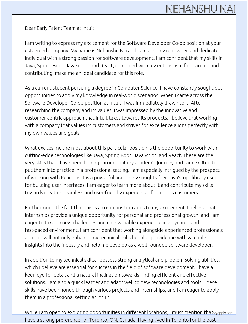 Software Developer Co-op At Intuit Cover Letter