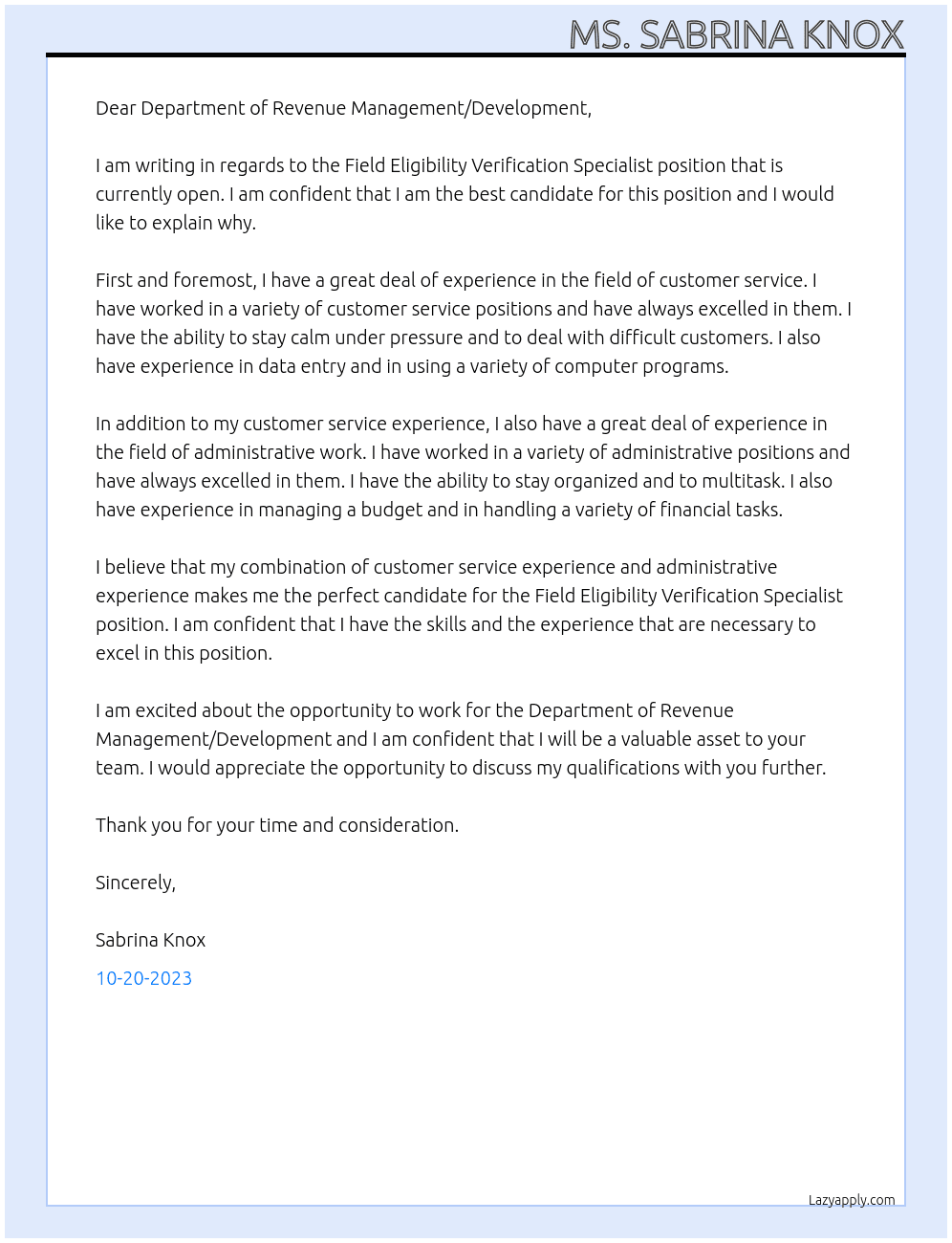 FIELD ELIGIBILITY VERIFICATION SPECIALIST At HRA/DEPT OF SOCIAL SERVICES Cover Letter