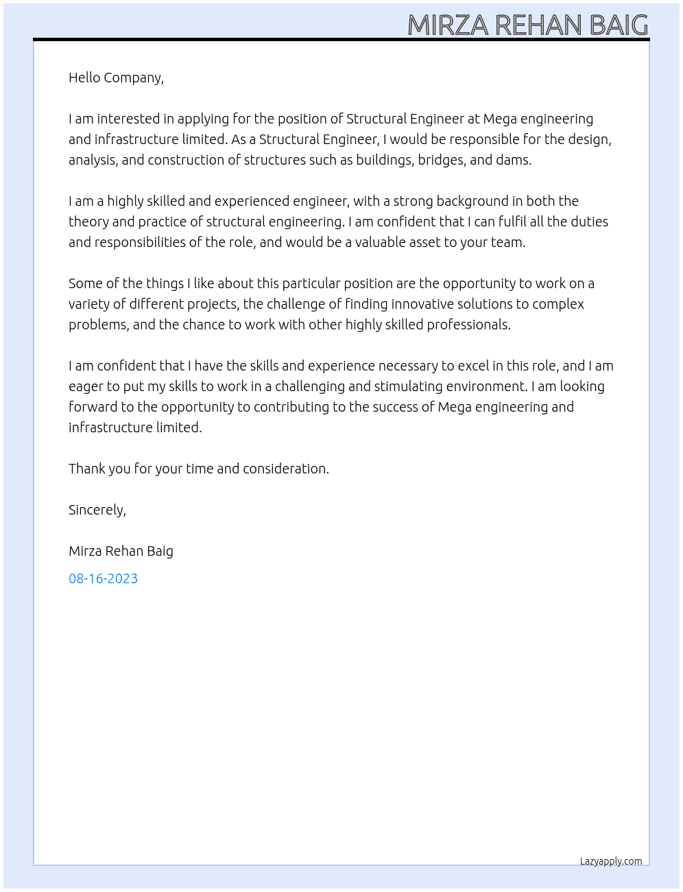 Structural engineer At Mega engineering and infrastructure limited  Cover Letter