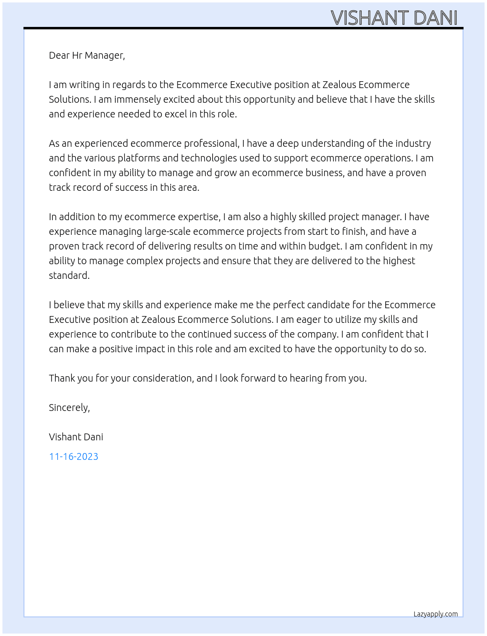 Ecommerce Executive  At Zealous Ecommerce Solutions  Cover Letter