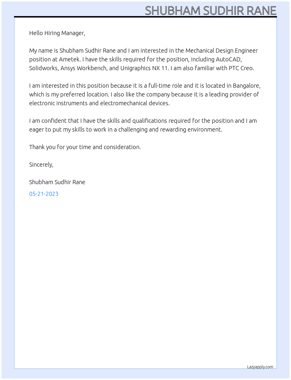 Mechanical Design Engineer At Ametek Cover Letter