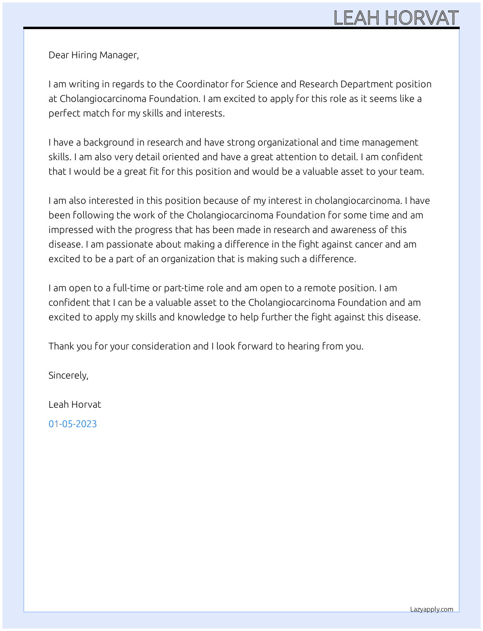 Coordinator for Science and Research Department At Cholangiocarcinoma Foundation Cover Letter