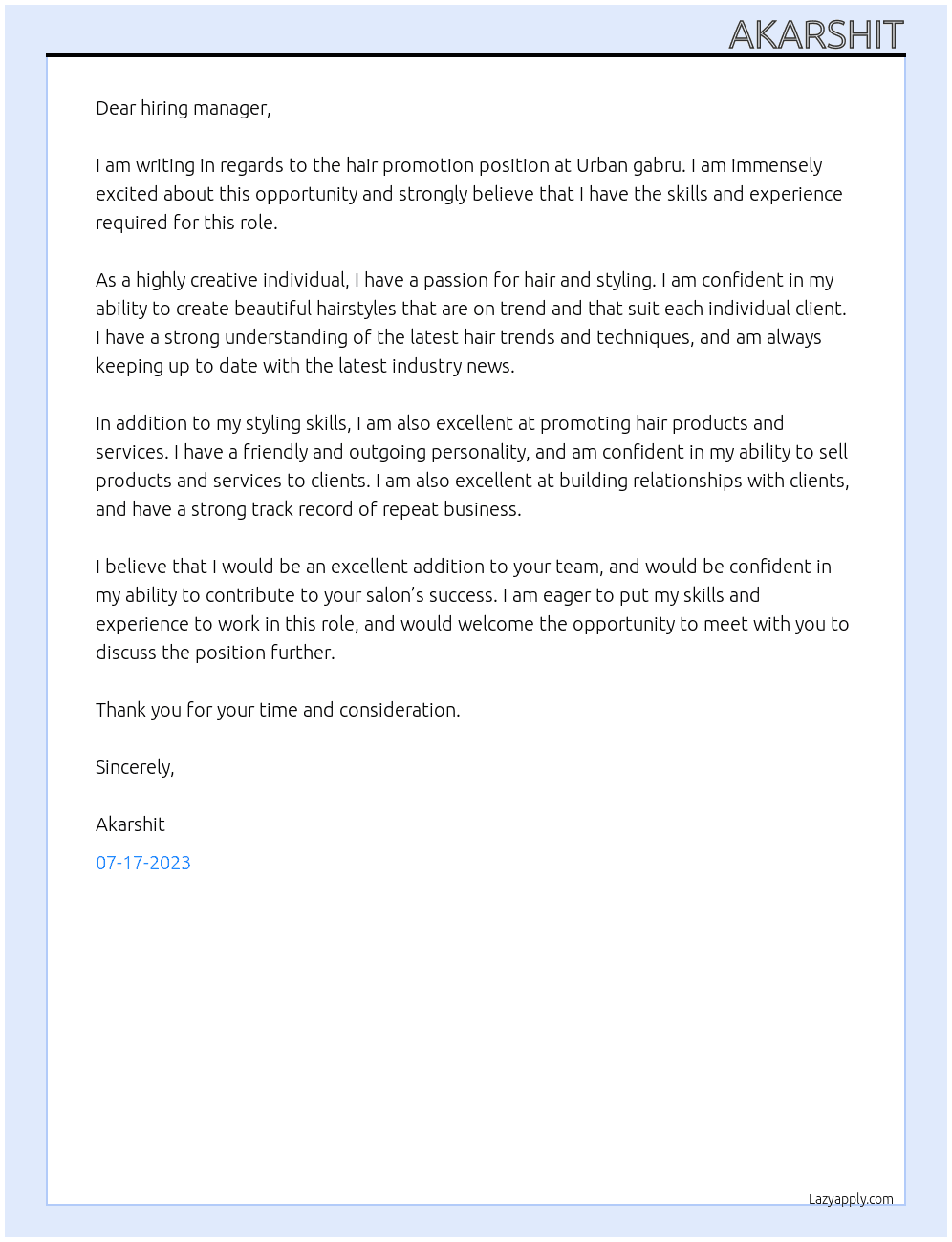 Hair promotion  At Urban gabru Cover Letter