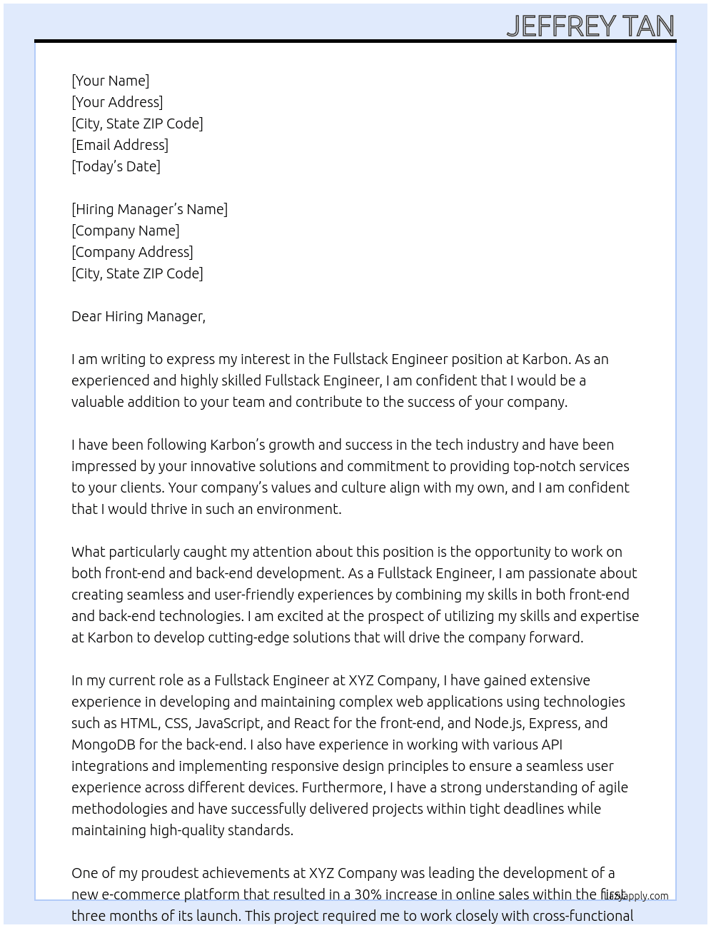 Fullstack engineer At Karbon Cover Letter