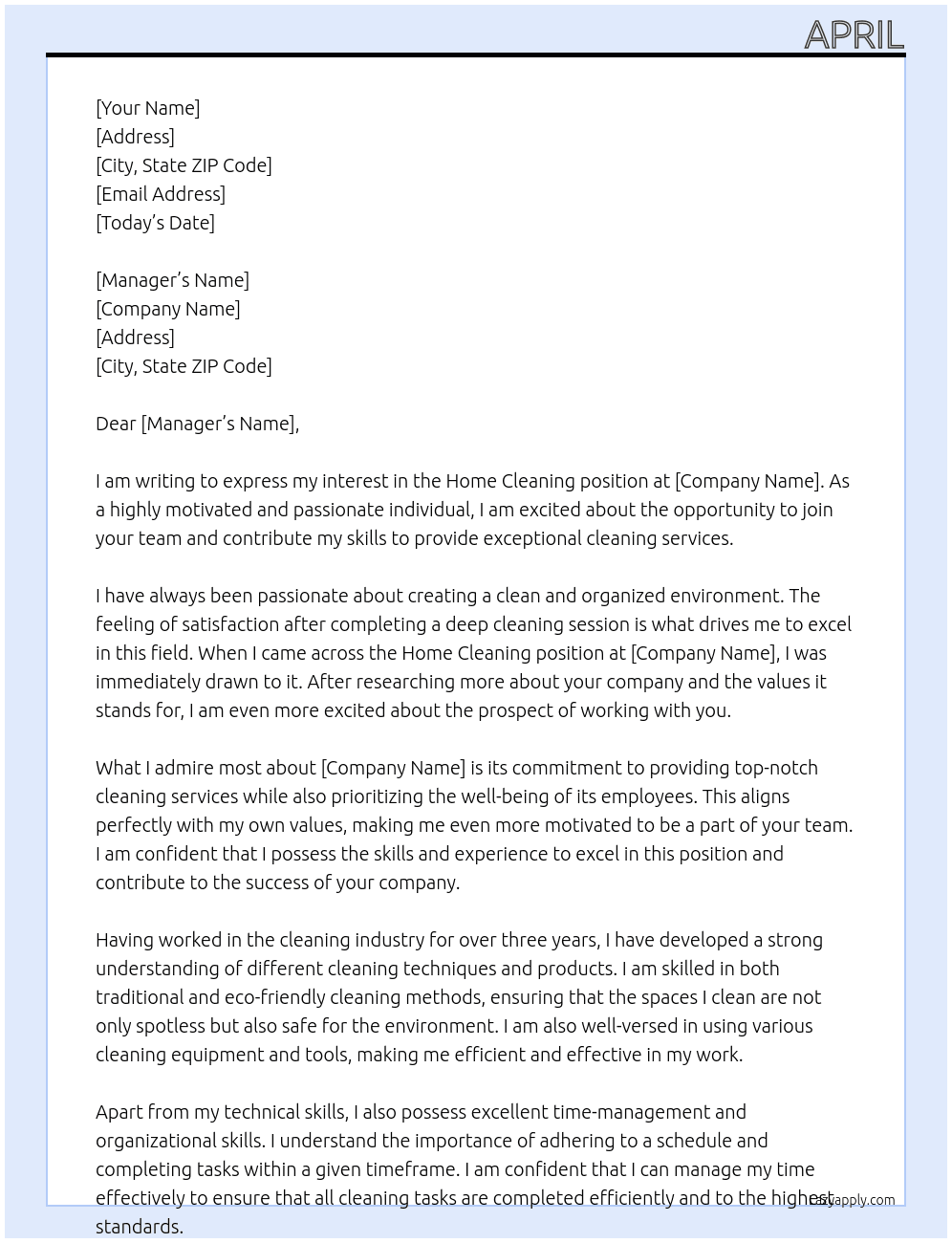 Home Cleaning  At Home cleaning  Cover Letter