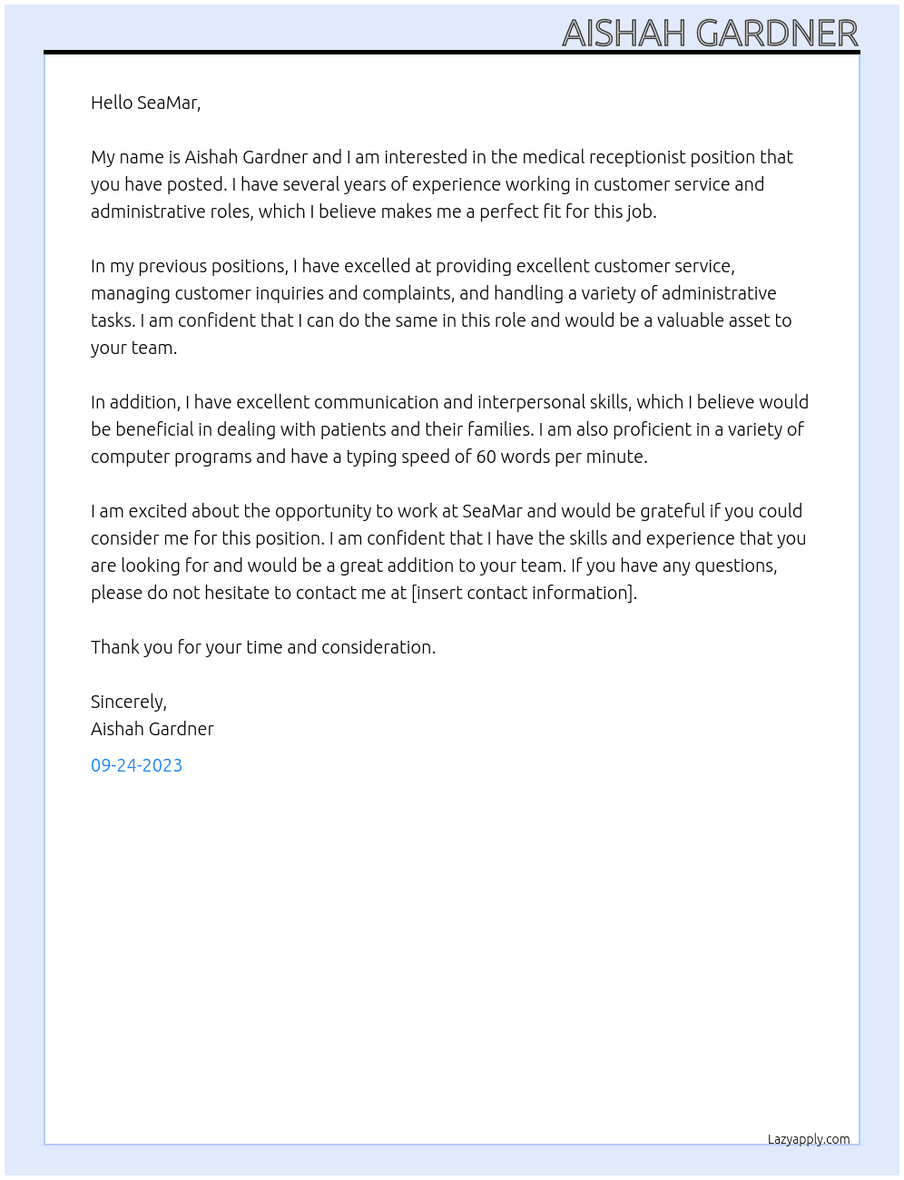 Medical Receptionist At SeaMar Cover Letter