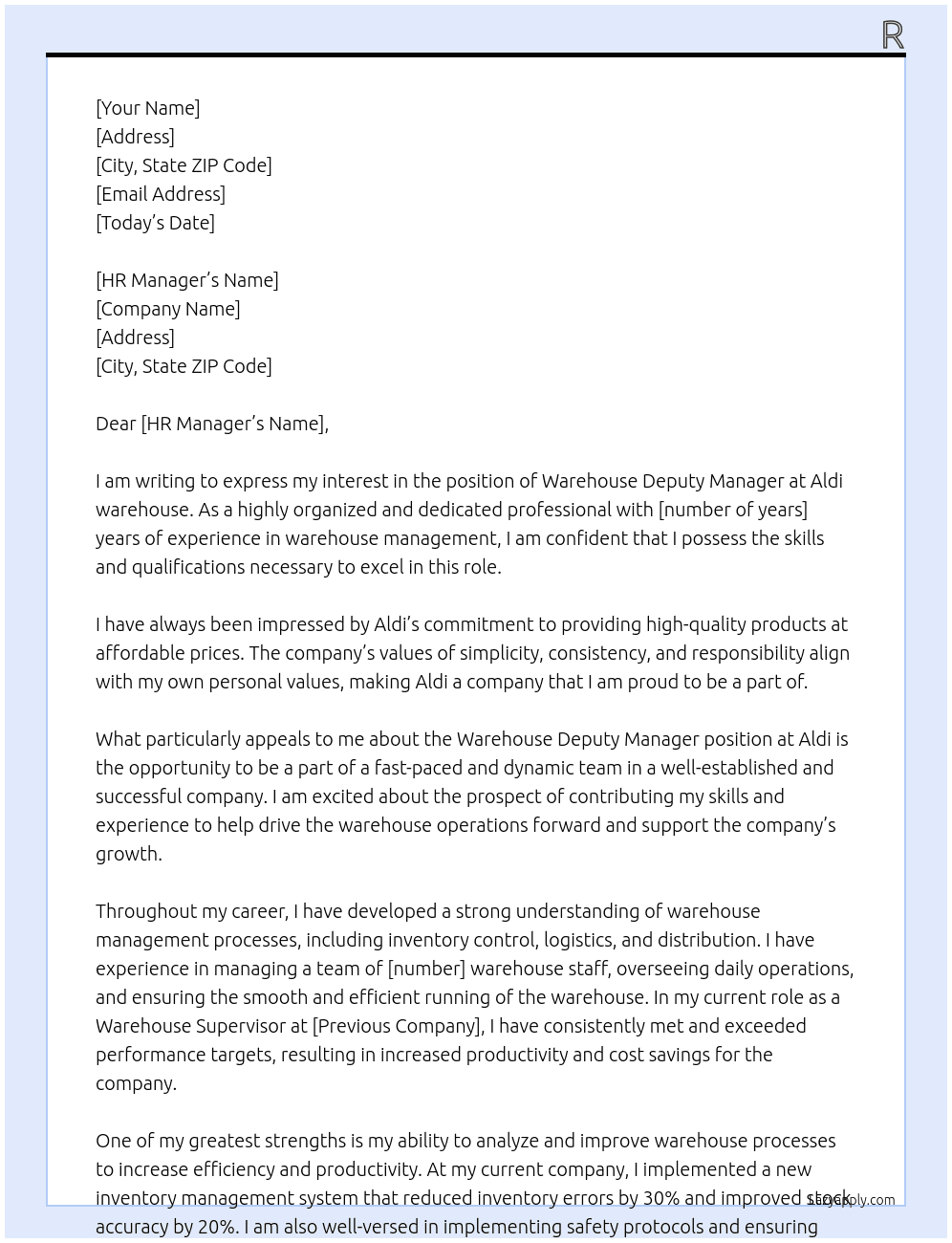Warehouse Deputy Manager At Aldi warehouse Cover Letter