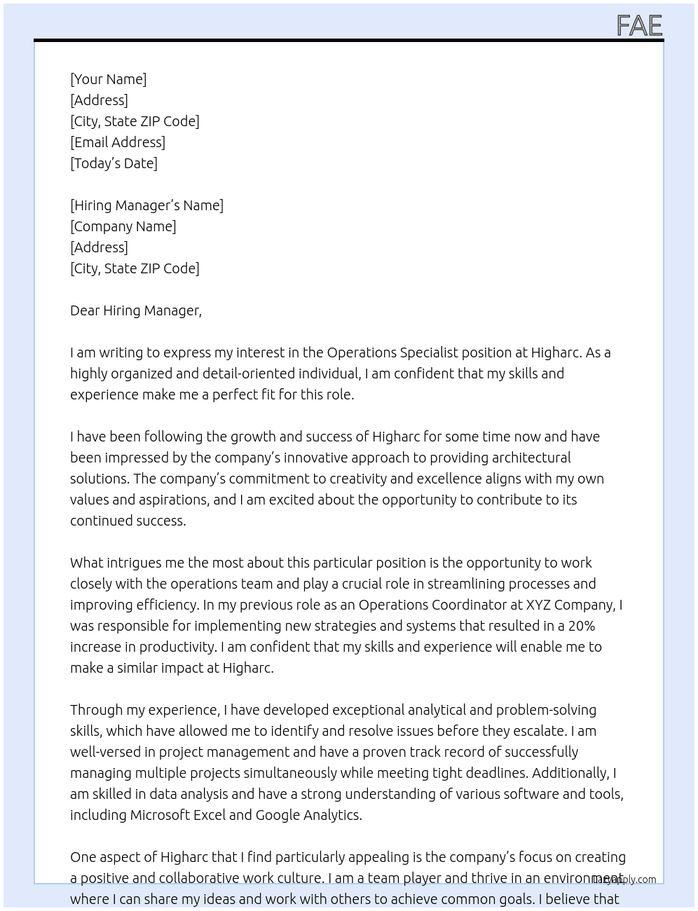 Operations Specialist At Higharc Cover Letter