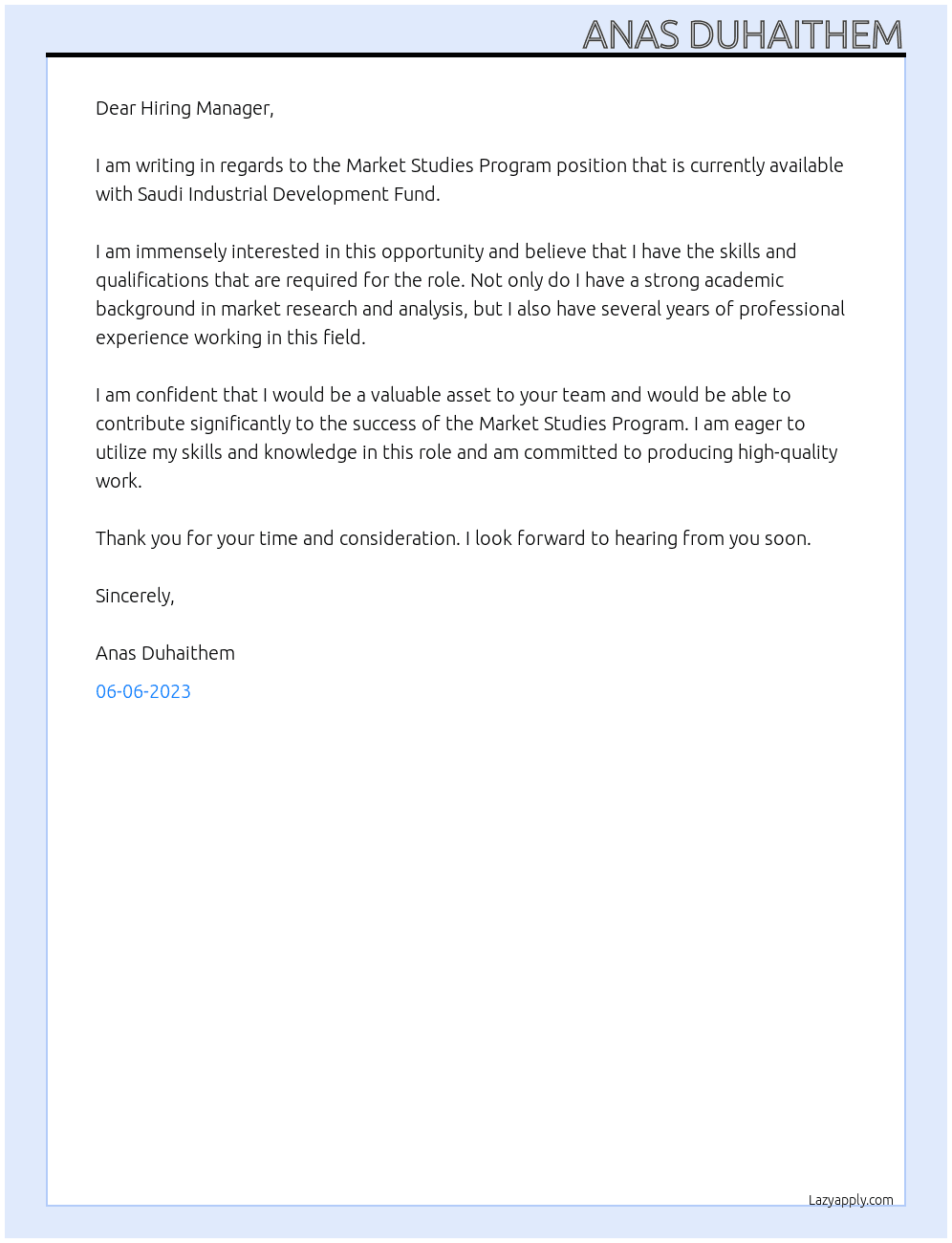 Market Studies Program  At  Saudi Industrial Development Fund  Cover Letter