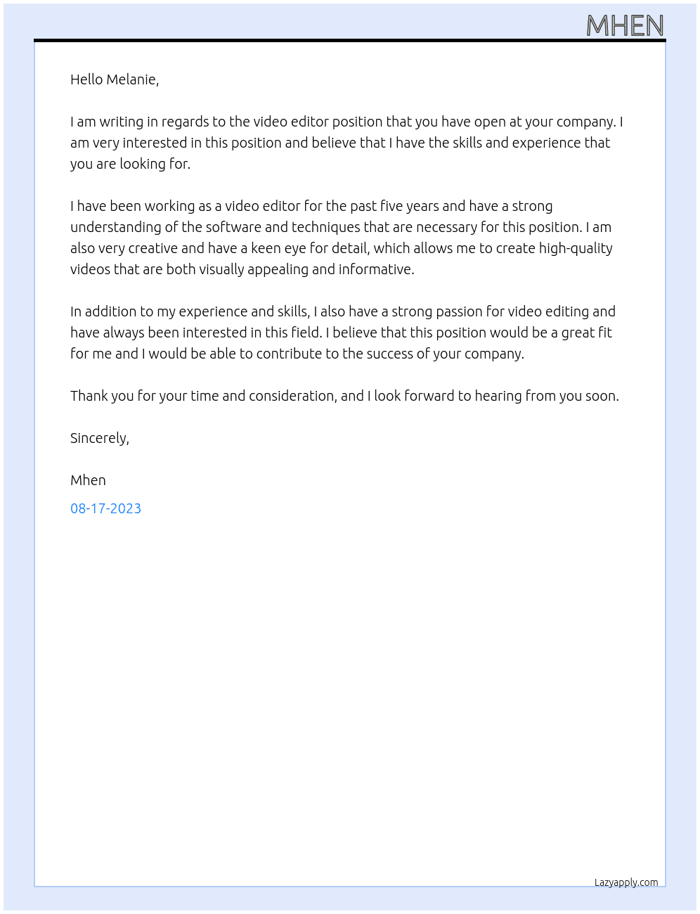 Video editor At mincraft project Cover Letter